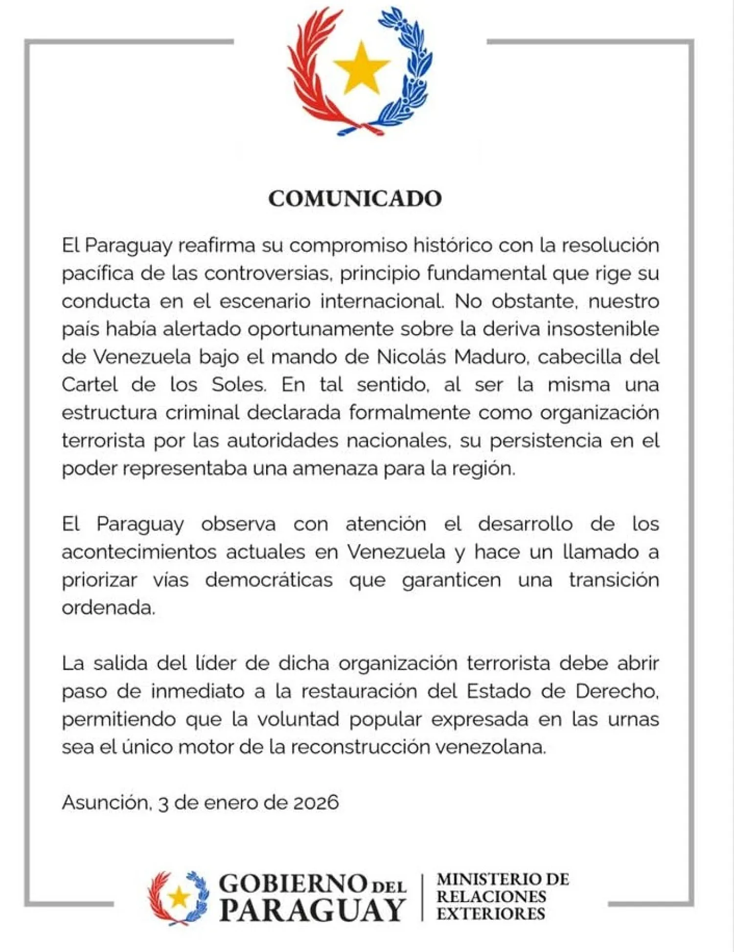 Comunicado del Ministerio de Relaciones Exteriores sobre la captura de Nicolás Maduro.